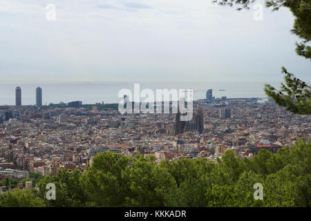 BARCELONA, SPAIN - AUG 30th, 2017: wide angle of barcelona shot from the bunkers de carmel offering amazing panoramic views over the city skyline Stock Photo