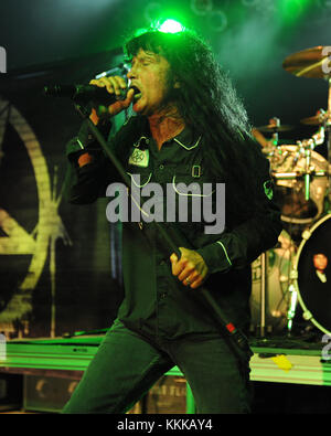 POMPANO BEACH, FL - SEPTEMBER 26:  Joey Belladonna of Anthrax performs at The Pompano Beach Amphitheater on September 26, 2015 in Pompano Beach Florida  People:  Joey Belladonna Stock Photo