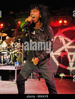 POMPANO BEACH, FL - SEPTEMBER 26:  Joey Belladonna of Anthrax performs at The Pompano Beach Amphitheater on September 26, 2015 in Pompano Beach Florida  People:  Joey Belladonna Stock Photo