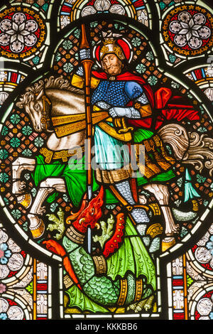 Germany, Rhineland-Palatinate, Bopppard, Church of St Severus, Stained Glass Window depicting St.George Slaying The Dragon Stock Photo