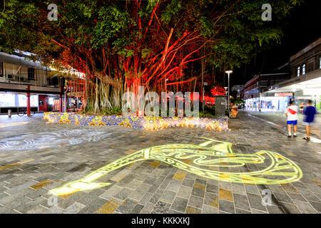 Christmas Illuminations on an old fig tree and Aboriginal mosaic art in Shields Street, Cairns, Far North Queensland, FNQ, QLD, Australia Stock Photo