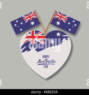 happy australia day poster with australian flag on heart and cross australian flags in light background Stock Vector