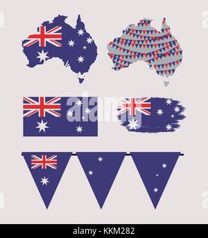 icons set of australia day with colorful australian maps flags and festoons Stock Vector