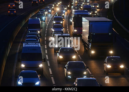 traffic jam on the m62 motorway at night leeds yorkshire united kingdom Stock Photo