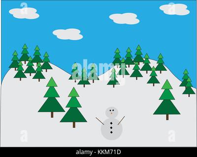 Illustrated snowman in snowy pine forest field with blue skies and clouds. Stock Vector