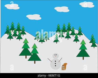 Illustrated snowman and squirrel in snowy pine forest field with blue skies and clouds. Stock Vector