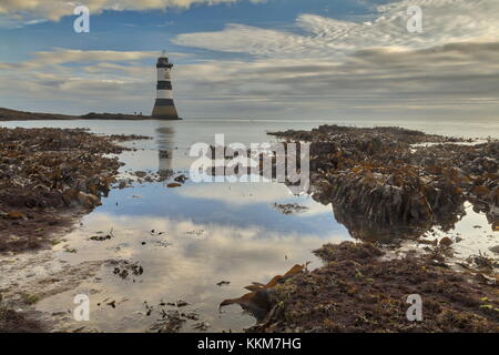 Trwyn Du Lighthouse, Penmon, at low tide, dawn in north-east Anglesey. Stock Photo
