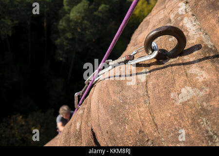 Climbing scene at the PK edge on the Hochsteinnadel, Dahner Felsenland, Palatine Forest, Rhineland-Palatinate, Germany, Stock Photo