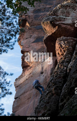 Climber at the PK edge on the Hochsteinnadel, Dahner Felsenland, Palatine Forest, Rhineland-Palatinate, Germany, Stock Photo