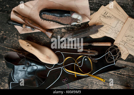 Shoemaker's workshop, accessories to make a handcrafted shoe, still life Stock Photo