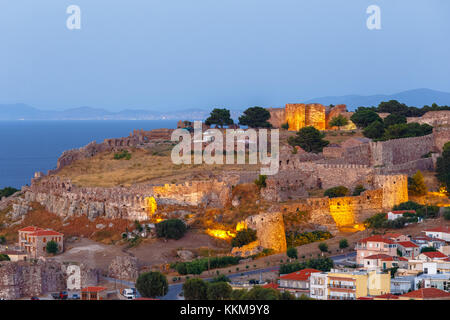 Panoramic shot of the castle of Mytilene in Lesvos island, Greece in the afternoon, one of the largest castles in the Mediterranean Stock Photo
