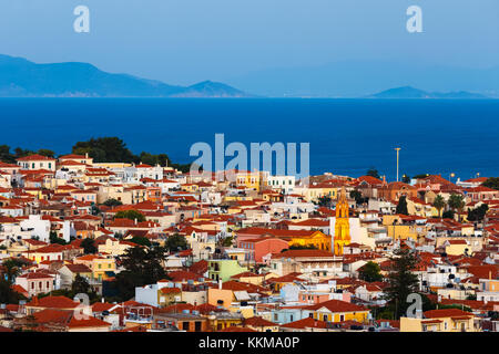 Panoramic shot of Mytilene town in Lesvos island, Greece.  Mitilene is the capital and port of the island of Lesbos and the North Aegean Region. Stock Photo