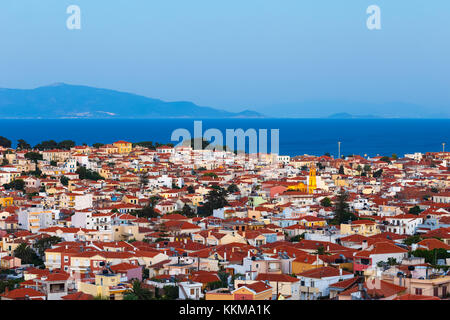 Panoramic shot of Mytilene town in Lesvos island, Greece.  Mitilene is the capital and port of the island of Lesbos and the North Aegean Region. Stock Photo