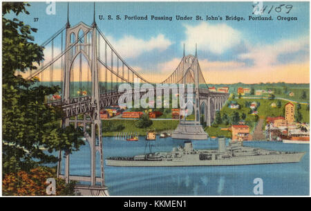 USS Portland (CA-33) passing under St. John's Bridge, Portland, Oregon, in the 1930s (74159) Stock Photo