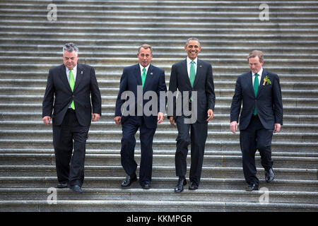 President Barack Obama and Prime Minister (Taoiseach) Enda Kenny of Ireland, right, are escorted by Rep. Peter King, R-N.Y., left, and House Speaker John Boehner as they depart a St. Patrick's Day lunch at the U.S. Capitol in Washington, D.C, March 17, 2015. (Official White House Photo by Lawrence Jackson)  This official White House photograph is being made available only for publication by news organizations and/or for personal use printing by the subject(s) of the photograph. The photograph may not be manipulated in any way and may not be used in commercial or political materials, advertisem Stock Photo