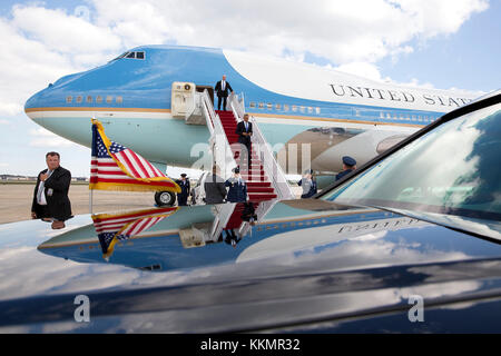 President Barack Obama disembarks Air Force One upon arrival at Joint Base Andrews, Md. following a trip to Tampa, Fla., Sept. 17, 2014. Stock Photo