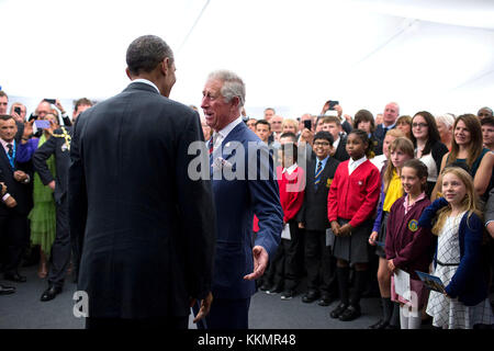 President Barack Obama attends a reception hosted by HRH Charles, Prince of Wales during the NATO Summit at the Celtic Manor Resort in Newport, Wales, Sept. 4, 2014. Stock Photo