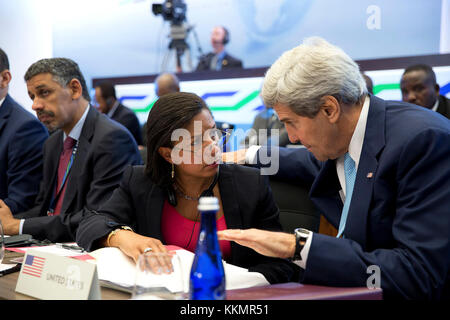 Secretary of State John Kerry talks with National Security Advisor Susan E. Rice during the U.S.-Africa Leaders Summit at the U.S. Department of State in Washington, D.C., Aug. 6, 2014. Stock Photo