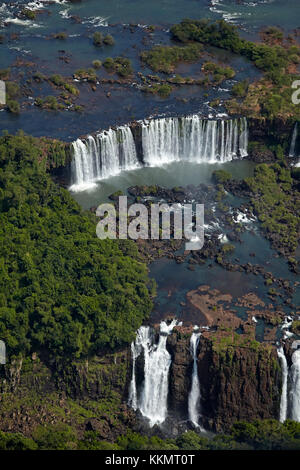 Argentinian side of Iguazu Falls, on Brazil - Argentina Border, South America - aerial Stock Photo