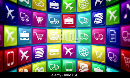 A globular 3d rendering of simplified mobile application icons on a pc screen placed askew. The icons are square and present airplane, repairing, typi Stock Photo