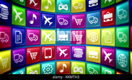 A concave 3d illustration of futuristic mobile application icons on a pc screen located aslant. The icons are square and present airplane, cogwheel, c Stock Photo