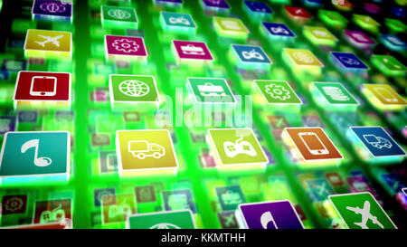 A multilayered 3d rendering of salient mobile application icons on a pc screen located diagonally. The icons are square and present a note, airplane,  Stock Photo