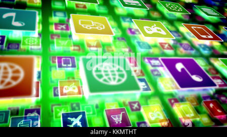A prominent 3d rendering of salient big and small mobile application icons on a pc screen put aslant. The icons are square and present a globe, note,  Stock Photo