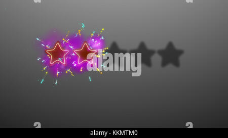 A striking 3d illustration of two star rating shining in the grey background with three black stars. The stars are red and have celebratory salute loo Stock Photo