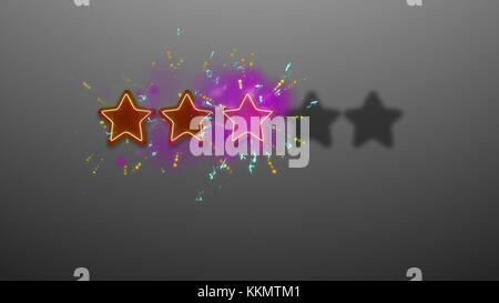 A stunning 3d rendering of three rating stars dazzling in the grey background with two black stars. The stars are brown and violet and have festive sa Stock Photo