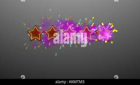 A cheerful 3d illustration of five rating stars shimmering in the grey background with numerous small sparkles of yellow and blue colors. The stars ar Stock Photo