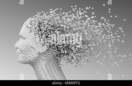 Pixelated Head Of Woman And 3D Pixels As Hair. 3D Illustration. Stock Photo