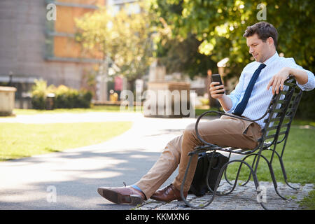 Businessman Outdoors Using Mobile Phone On Lunch Break In Park Stock Photo