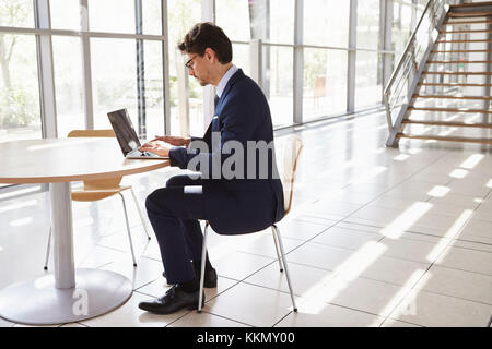 Young professional man using laptop, full length Stock Photo