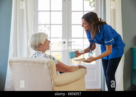 Nurse serving tea and biscuits to senior woman at home Stock Photo