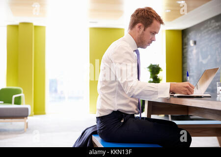 Businessman using laptop in an office meeting area, close up Stock Photo