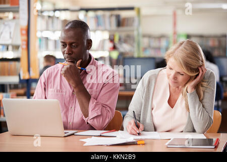 Two Mature Students Working In College Library Stock Photo