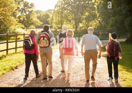 Rear View Of Senior Friends Hiking In Countryside Stock Photo