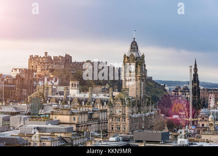 Edinburgh city view from Carlton Hill at Castle and hotel Stock Photo