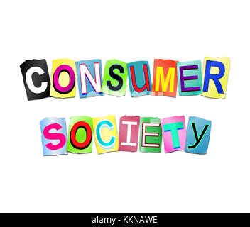 3d Illustration depicting a set of cut out printed letters arranged to form the words consumer society. Stock Photo