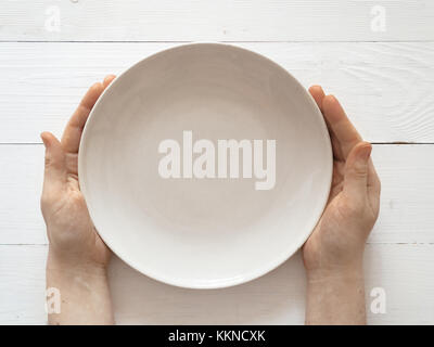 Female hands and empty plate isolated on white Stock Photo