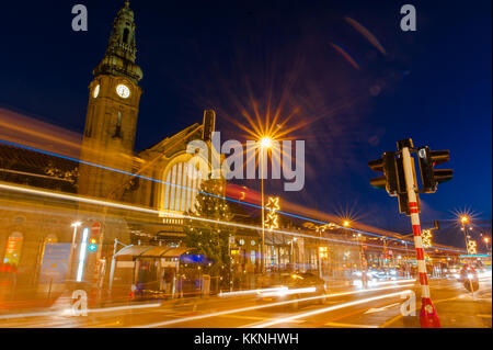 Long exposure shoot to Luxembourg City railway station at night, Luxembourg Stock Photo