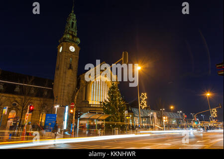 Long exposure shoot to Luxembourg City railway station at night, Luxembourg Stock Photo