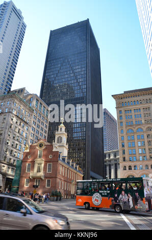 The Old State House Boston Massachusetts with tourist trolley bus passing Stock Photo