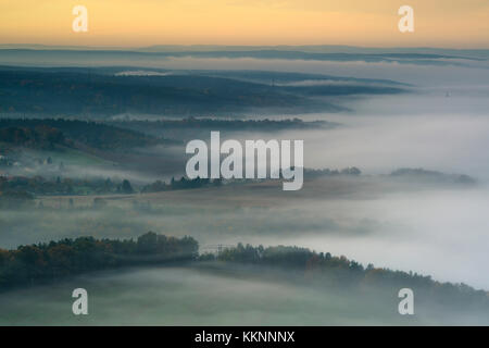 Morning fog over the Saale valley, Leuchtenburg, Seitenroda, Kahla, Thuringia, Germany Stock Photo