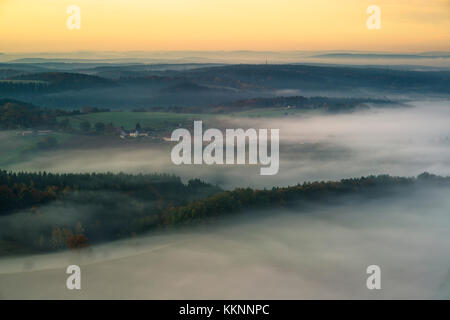 Morning fog over the Saale valley, Leuchtenburg, Seitenroda, Kahla, Thuringia, Germany Stock Photo