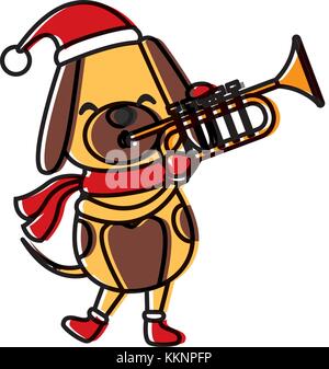 Christmas dog with trumpet cartoon Stock Vector