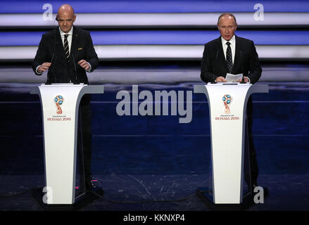 Russian president Vladimir Putin (right) speaks alongside FIFA President Gianni Infantino during the FIFA 2018 World Cup draw at The Kremlin, Moscow. PRESS ASSOCIATION Photo Picture date: Friday December 1, 2017. See PA story SOCCER World Cup. Photo credit should read: Nick Potts/PA Wire. RESTICTIONS: Editorial use only. No transmission of sound or moving images. No use with any unofficial third party logos. No altering or adjusting of photographs. Stock Photo