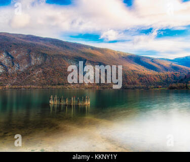 Scenic view of the colorful Lac d'aiguebelette, in the French Alps. Stock Photo