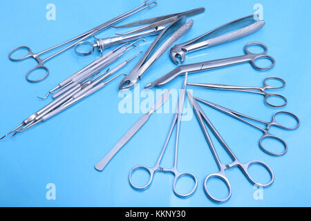 Medical and surgery instruments isolated in mirror background Stock Photo