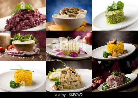 photo of delicious different risotto meals arranged into a collage Stock Photo